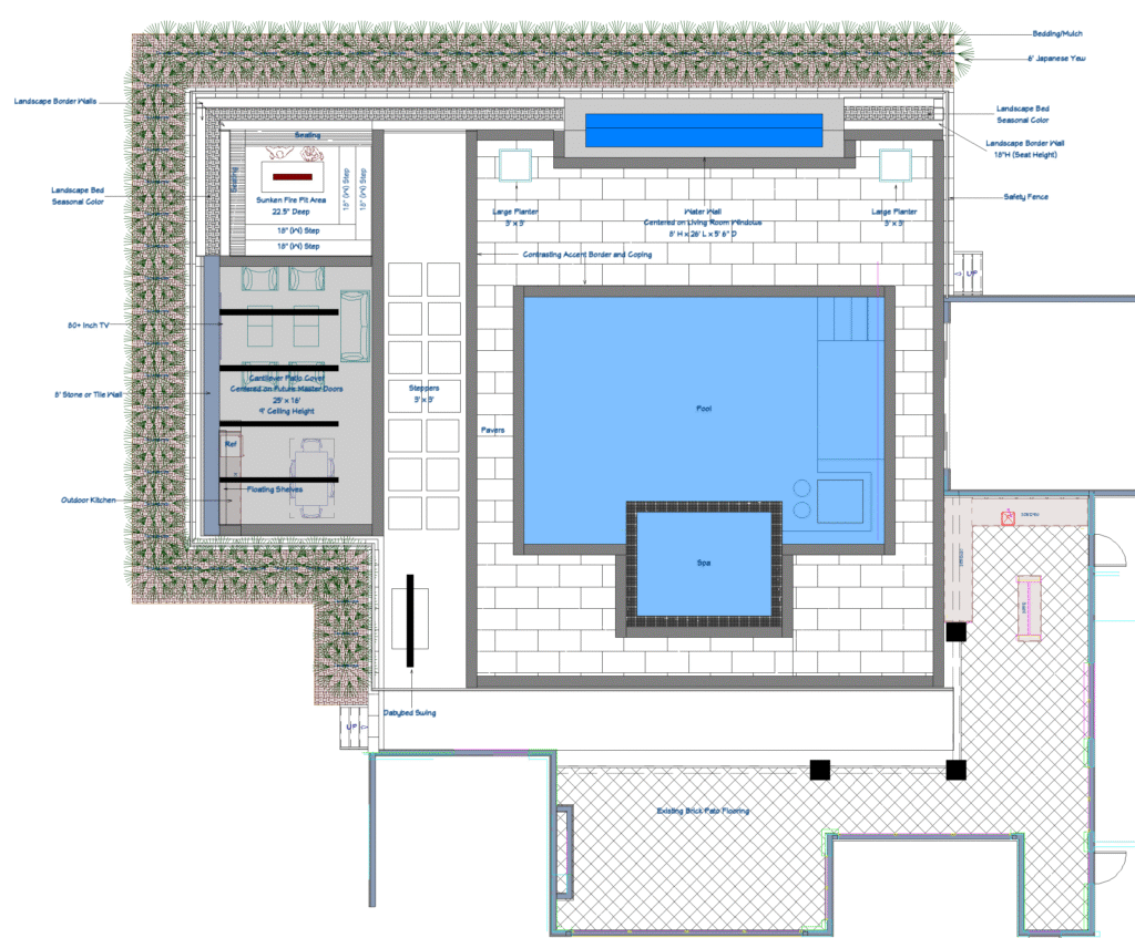 Home Architectural drawings for a luxury backyard featuring a custom pool with raised spa, 4K Aluminum patio cover with stone privacy wall, and sunken fire pit.