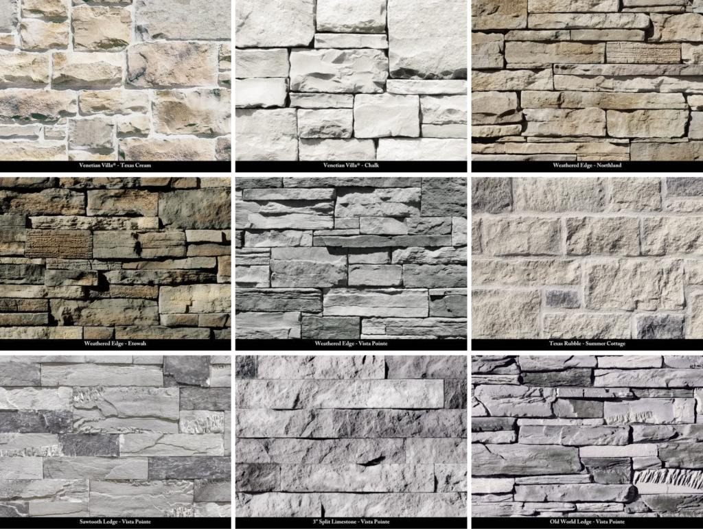 Display of luxury stone facade options for pedestal columns, fireplaces, fire pits, and outdoor kitchens in Houston.