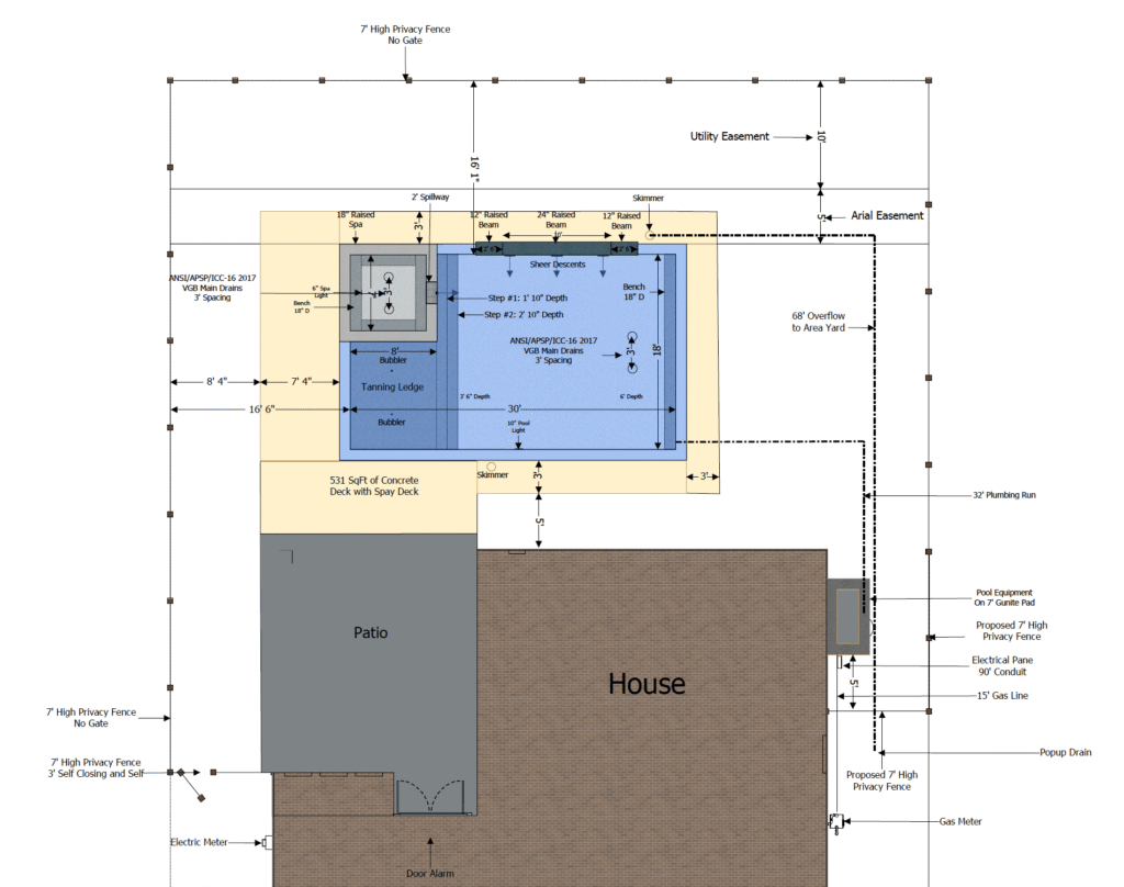 Custom Luxury Pool Blueprints & Modern Backyard Plans Architectural blueprints from a Custom Pool Builder in the Houston Area detailing a modern sun shelf, raised spa, equipment layout, and three sheer descent water features.