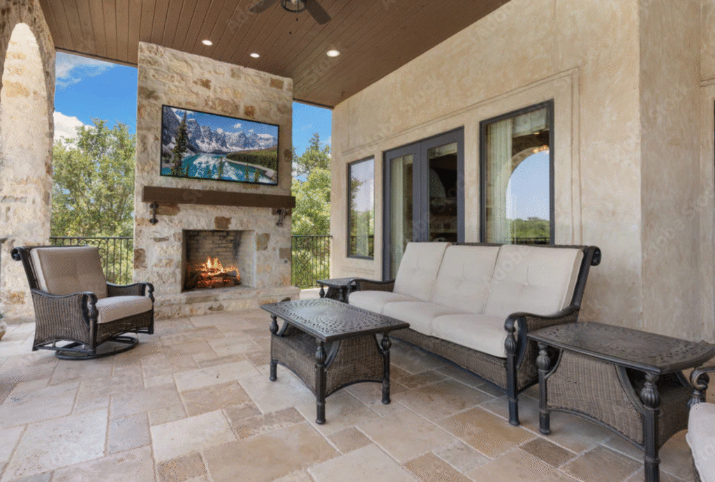A custom natural stone privacy wall featuring an integrated outdoor fireplace, premium cedar mantle, and television, built by a specialized Houston privacy wall contractor.