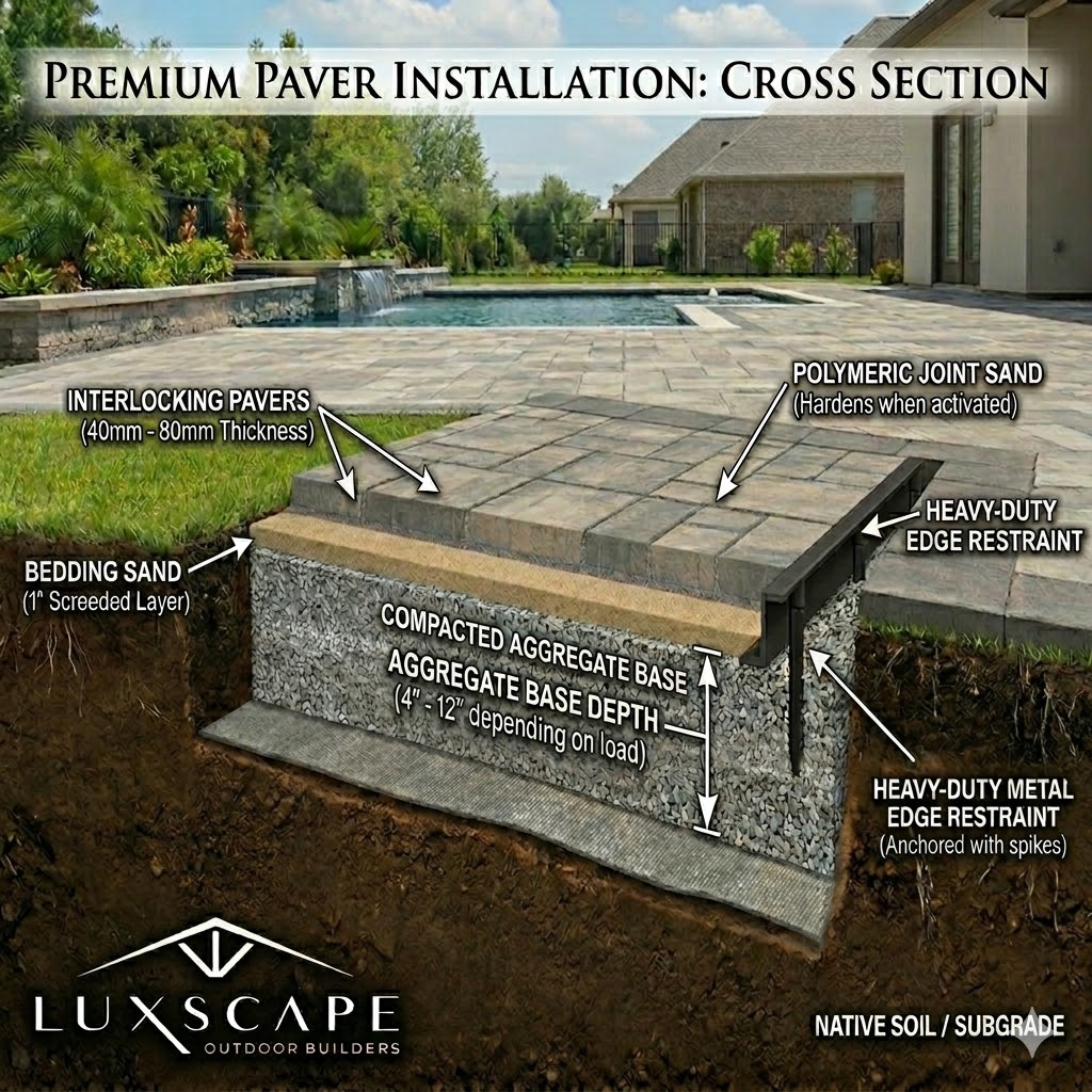 Pavers Detailed structural cross-section diagram showing the layers of a high-quality paver installation by Luxscape, including aggregate base, bedding sand, and interlocking pavers.