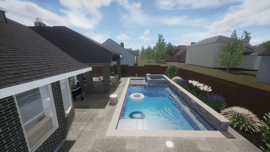 Conceptual Design and 3D Visualization A 3D backyard rendering of a luxury patio extension featuring a modern linear pool, integrated spa, raised beam water feature, and a travertine deck concept.
