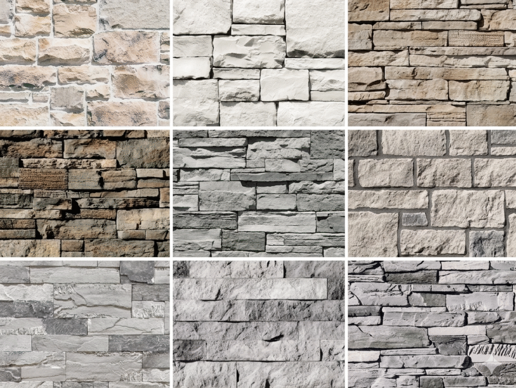 Material Selection: Curating High-Performance Finishes A tactile display of premium stone facade options and finish samples for custom patio columns, fireplaces, fire pits, and outdoor kitchens in Houston.