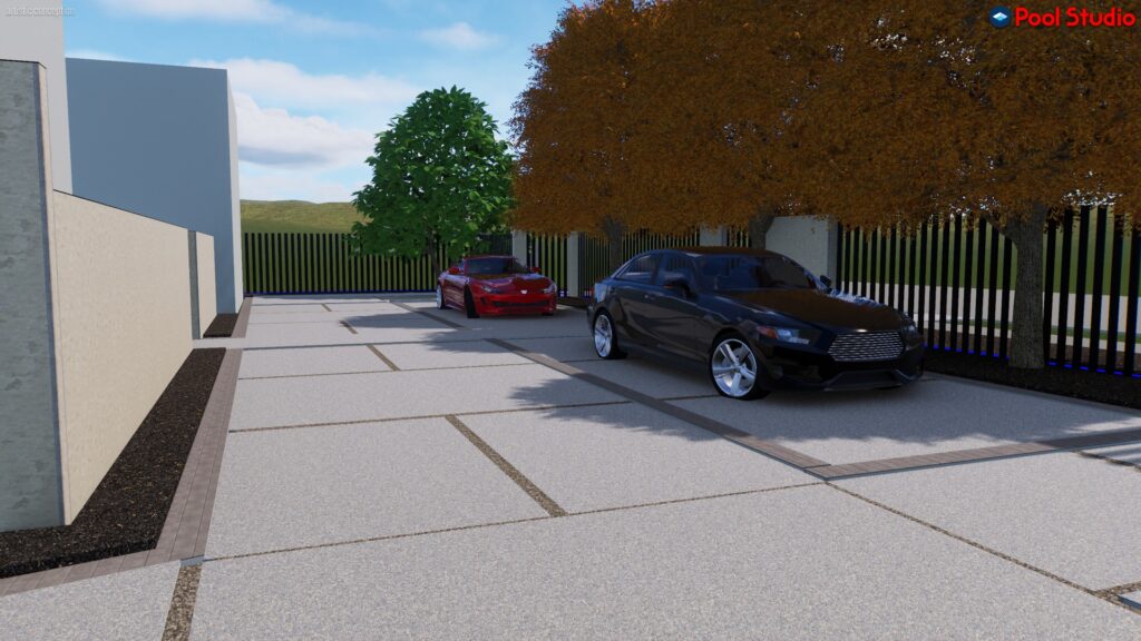 Architectural #D rendering of a luxury circular driveway in Katy featuring divided concrete slabs, blackstar gravel joints, a gray paver border, a custom fence, and automated access gates.