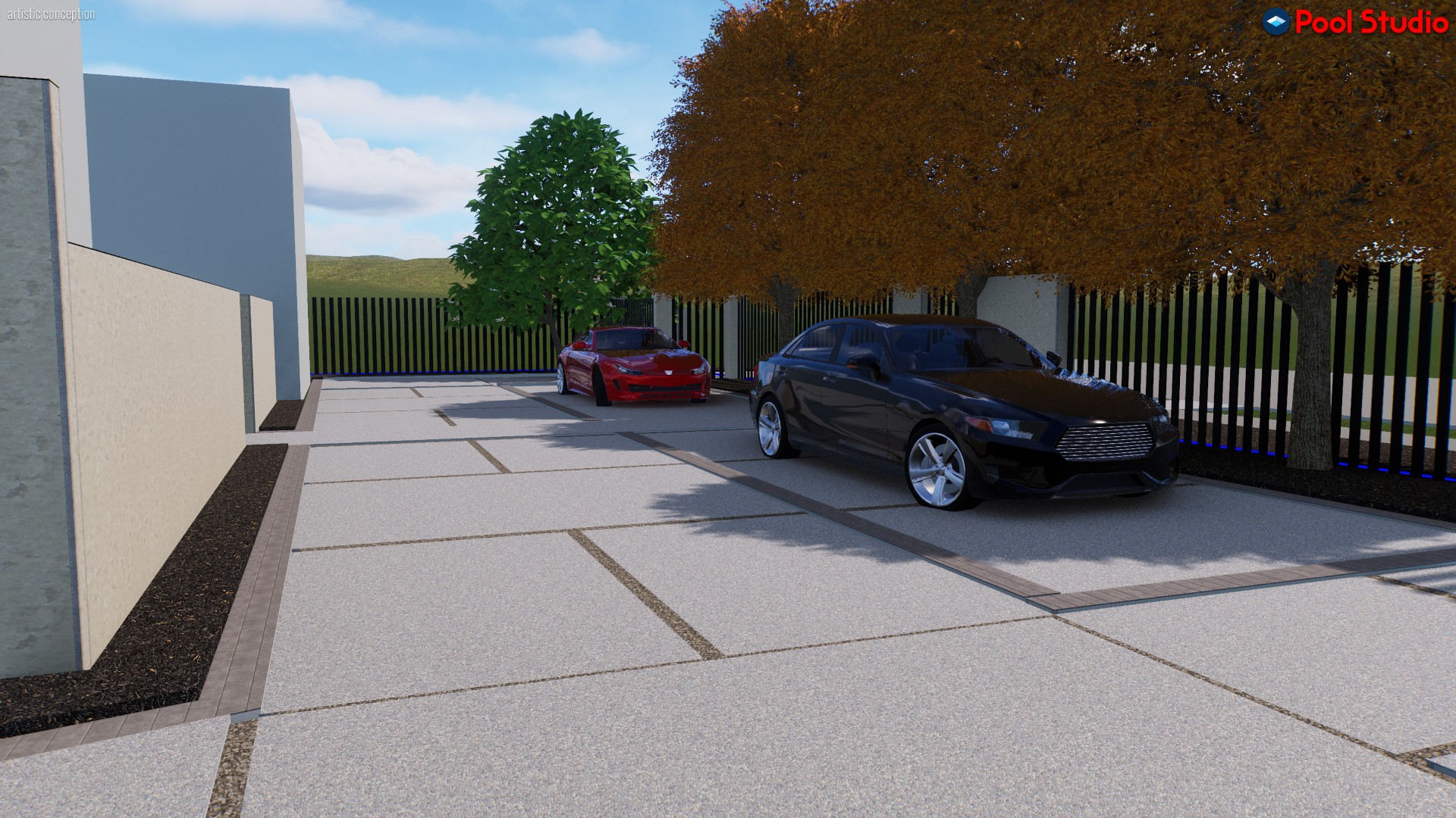 Architectural #D rendering of a luxury circular driveway in Katy featuring divided concrete slabs, blackstar gravel joints, a gray paver border, a custom fence, and automated access gates.
