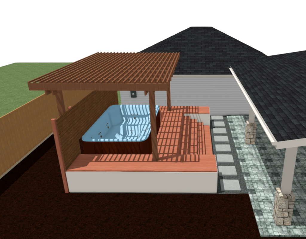 A photo-realistic 3D rendering of a custom pergola design created for a Katy, TX backyard project.