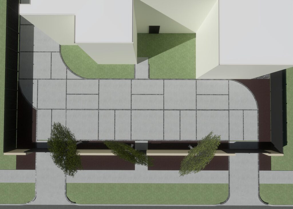 3D top-down rendering of a custom concrete patio and walkway layout in Houston, showing the planned expansion joint pattern before construction begins.