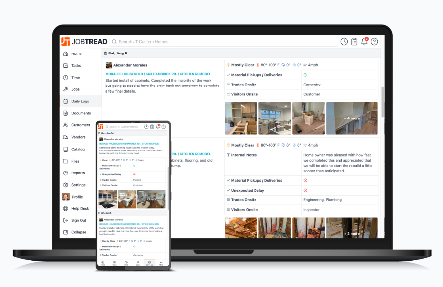 Example daily job site status log with photos, weather, and crew details from a project management portal