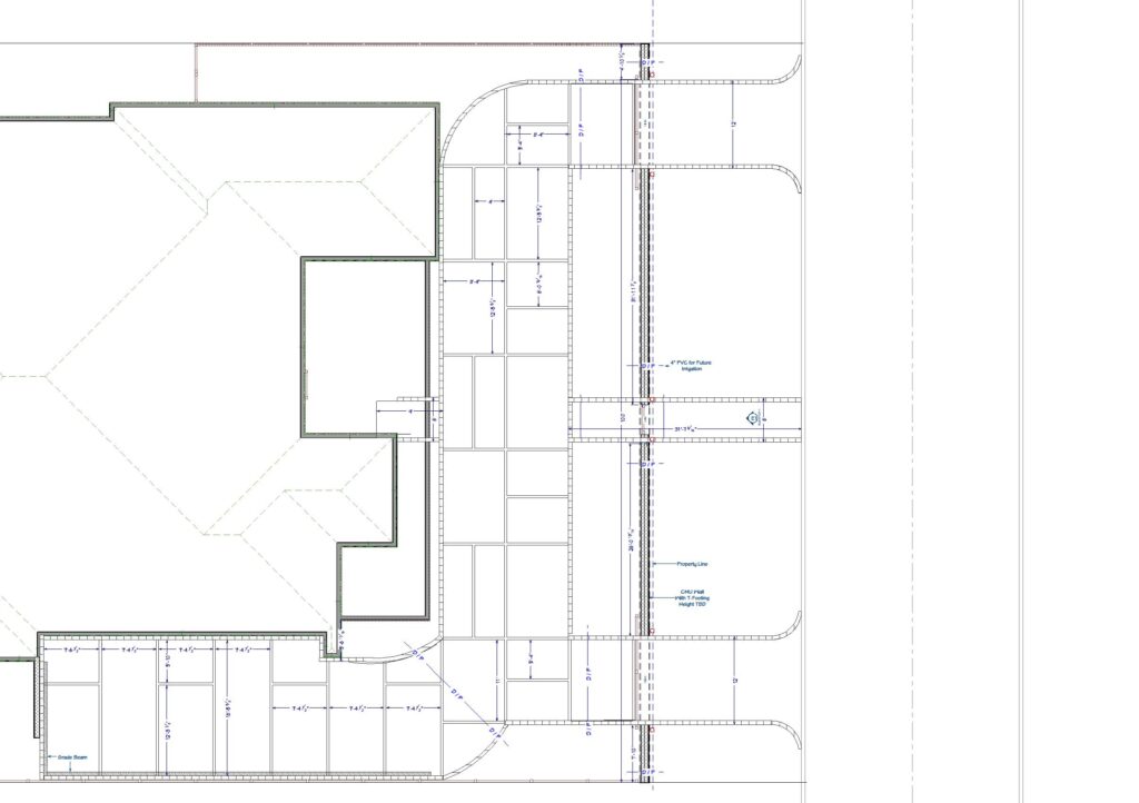 A structural site plan showing wall footing, grade beam, and property line layout for a custom Katy, TX privacy wall project.