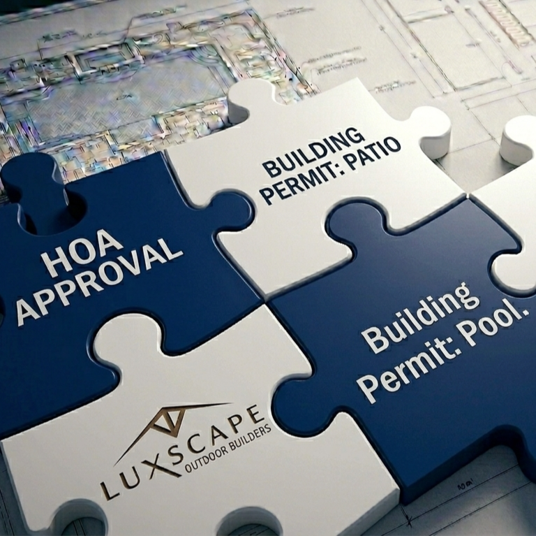 Puzzle pieces labeled HOA Approval and Building Permit over architectural blueprints, representing Luxscape's pre-construction approval process for Katy backyard projects