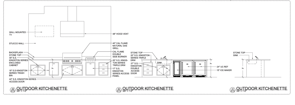 Architectural elevation drawings of a custom Katy, TX outdoor kitchen island detailing the layout for a 48-inch hood vent, gas grill, stainless steel cabinetry, sink, and under-counter refrigerator