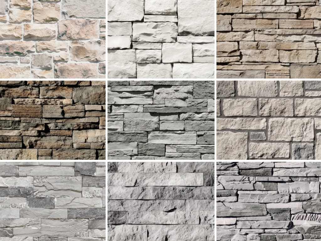 Grid of natural stone veneer facade samples in varying colors and textures offered for custom outdoor kitchens in Katy, TX