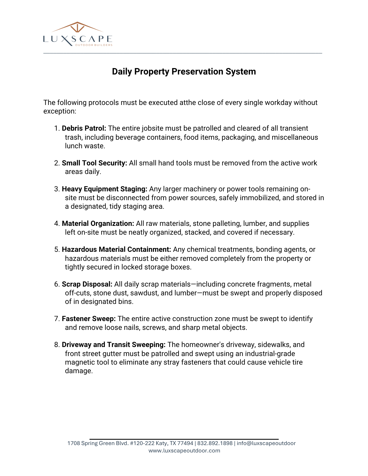 Luxscape Daily Property Preservation System covenant document, page 1, Houston TX