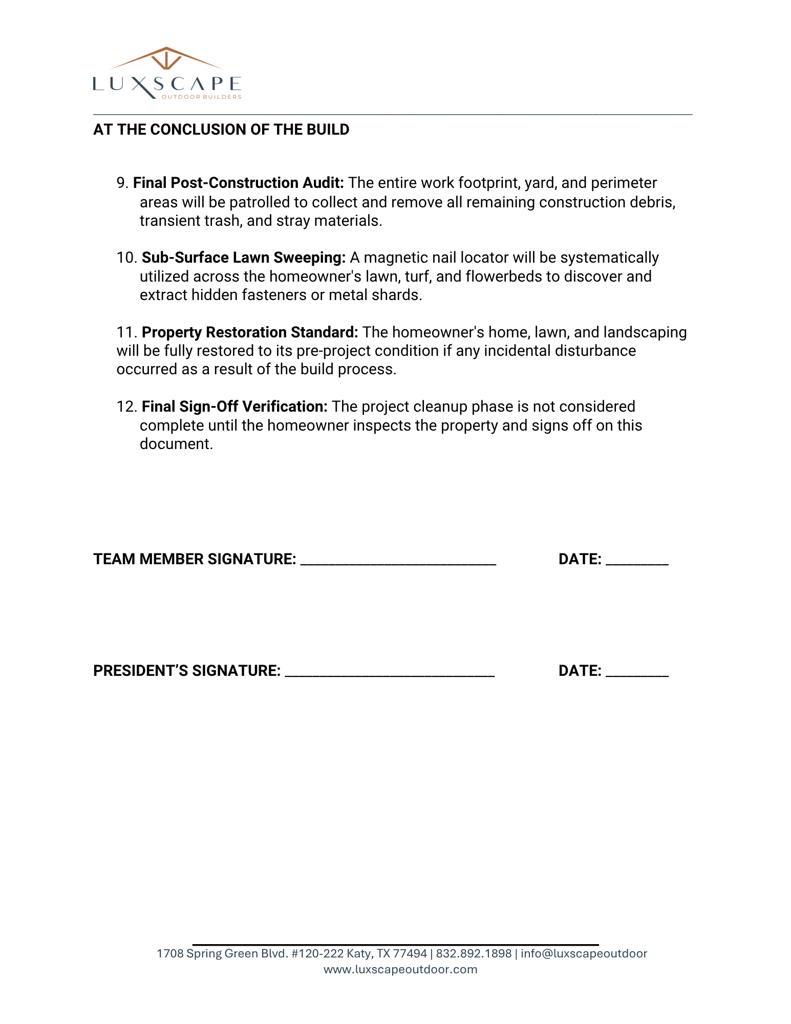 Luxscape Daily Property Preservation System covenant document, page 2, Houston TX