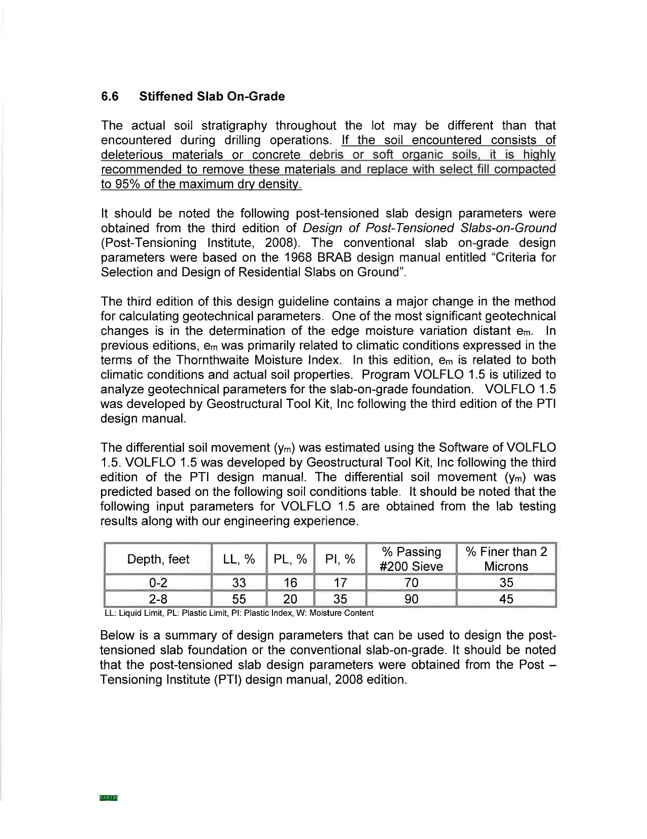 Excerpt from a real geotechnical soil report showing stiffened slab on-grade design recommendations, Houston TX