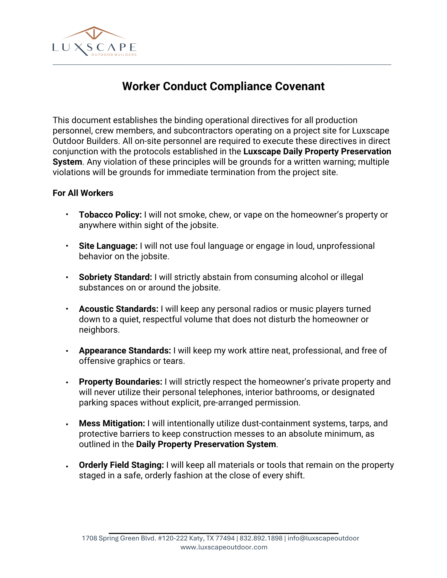 Luxscape Worker Conduct Compliance Covenant document, page 1, Houston TX