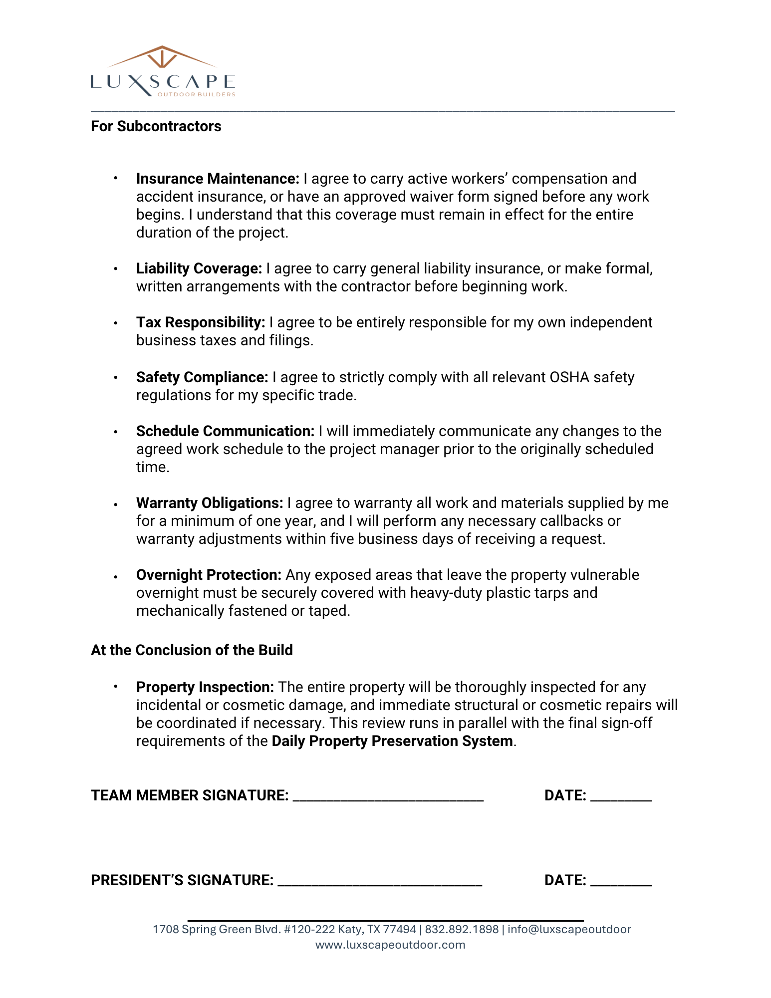 Luxscape Worker Conduct Compliance Covenant document, page 2, Houston TX