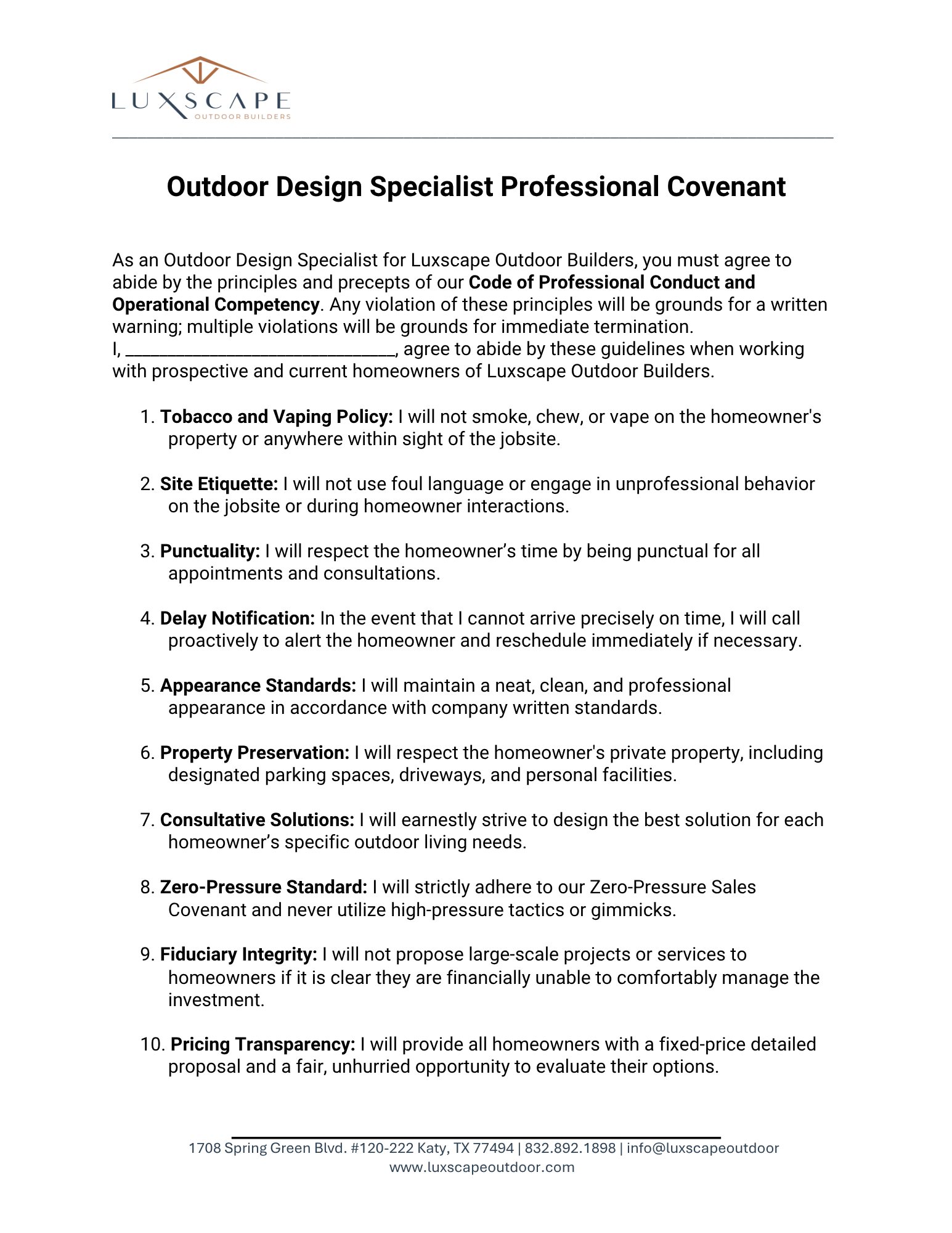 Luxscape Zero-Pressure Sales Covenant document, page 1, Katy TX