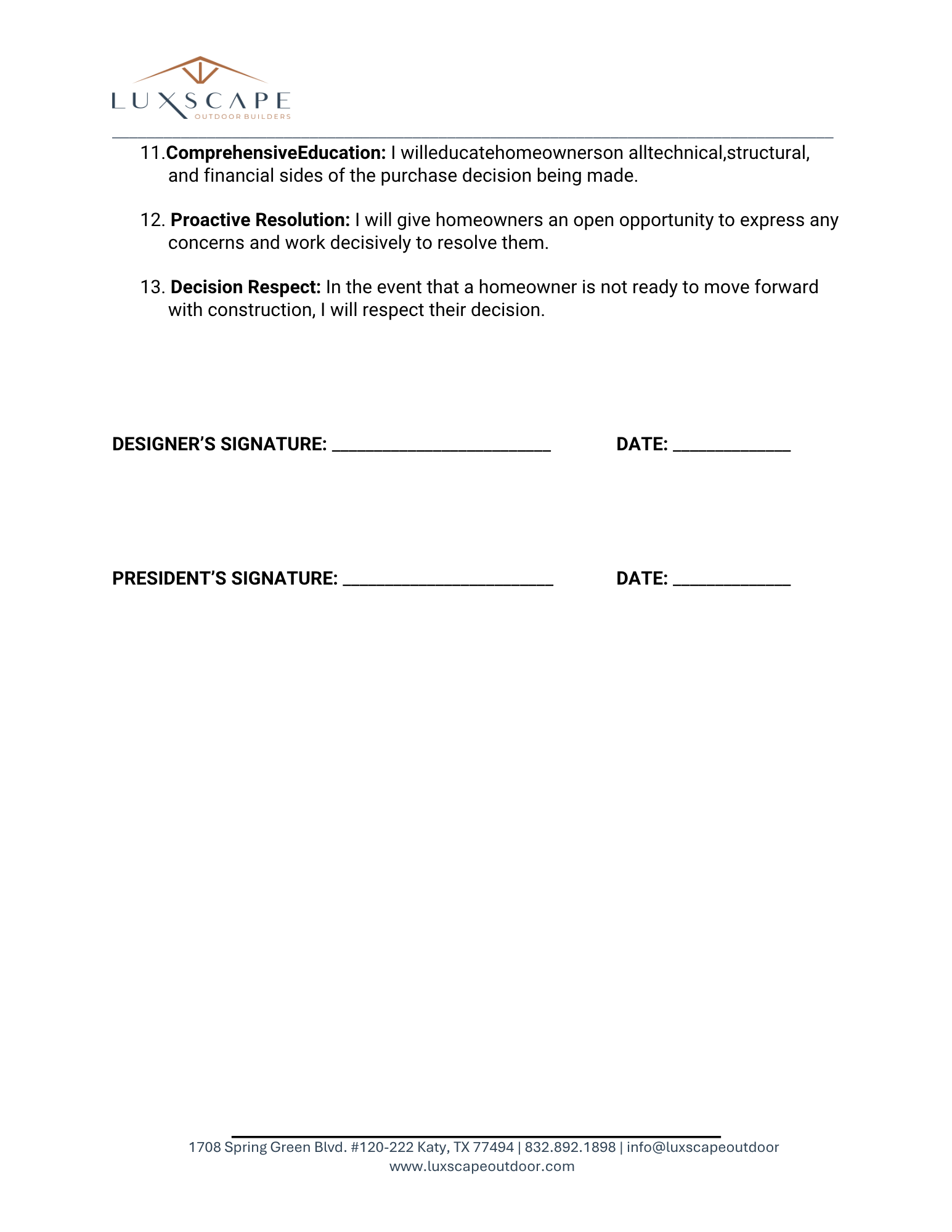 Luxscape Zero-Pressure Sales Covenant document, page 2, Katy TX