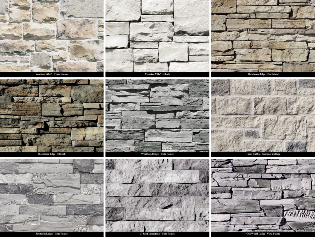 Display of luxury stone facade options for pedestal columns, fireplaces, fire pits, and outdoor kitchens for a outdoor living space in Katy, TX, Luxscape Outdoor Builders serving Houston, TX.