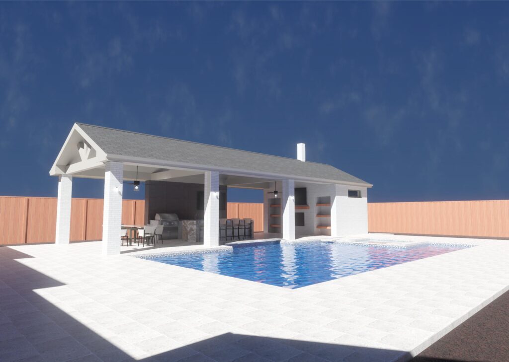 3D design rendering of a gable-roof patio cover pavilion with an outdoor kitchen and fireplace beside a custom pool, modeled before construction for a Houston patio project, Luxscape Outdoor Builders serving Houston, TX.